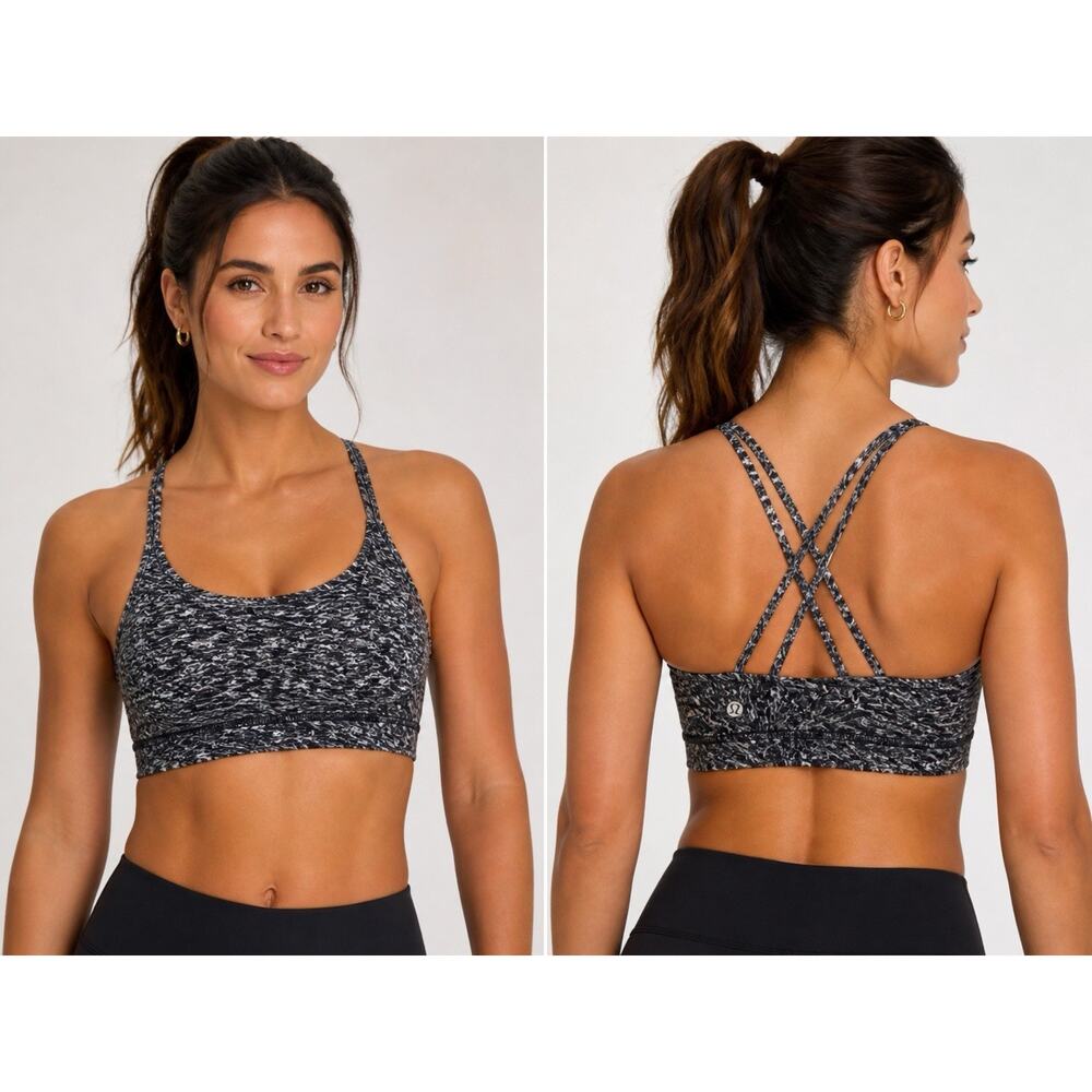 Lululemon Sports Bra Size 4 Black Gray Print Strappy Back Yoga Gym Athletic